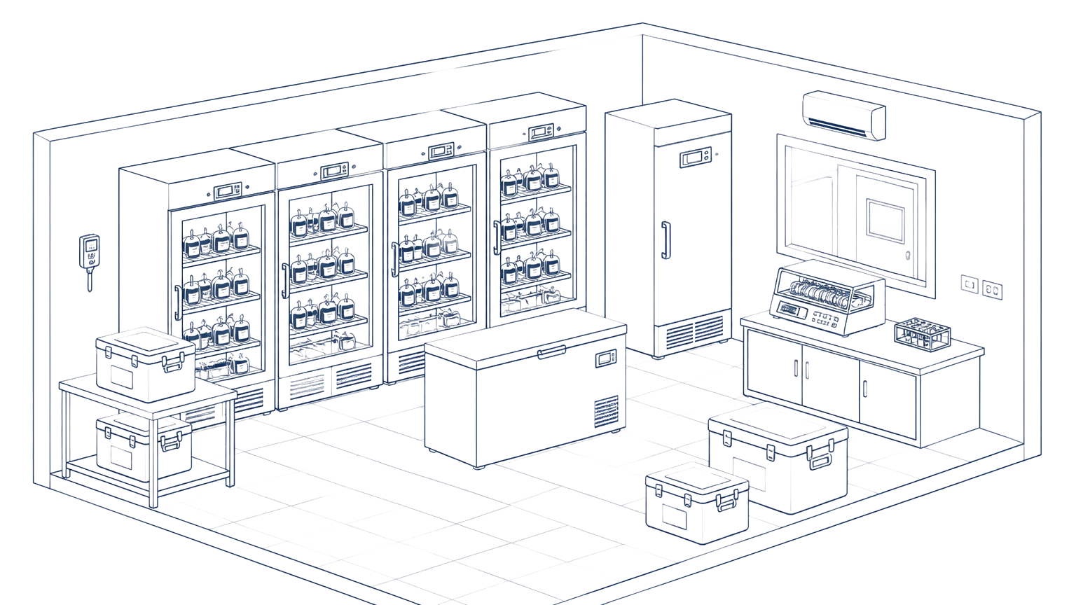 Line drawing of a blood bank cold-chain room.