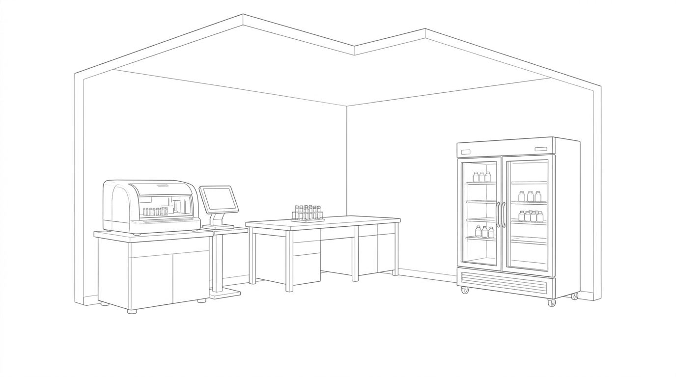 Line drawing of a clinical diagnostic laboratory.