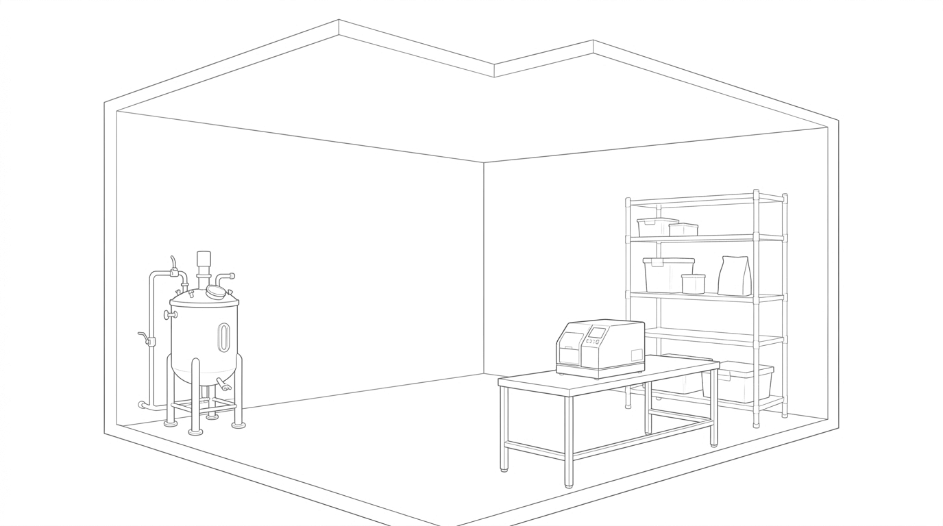 Line drawing of a contract research and manufacturing facility.