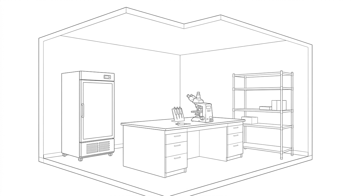 Line drawing of a university research core facility.